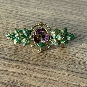 Vintage Enamel Floral Bar Brooch Gold Tone Purple & Green Leaf Flower Pin 1950s